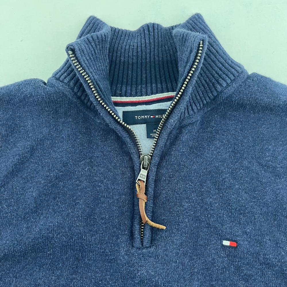 Tommy Hilfiger Mens Size M 1/4 Zip Pullover Sweater Blue Mock Neck Logo - Picture 2 of 8